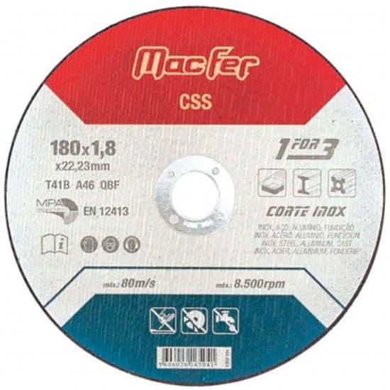 Disco abrasivo corte inox CSS 180x1,8x22,23mm refª 165.0004 MACFER
