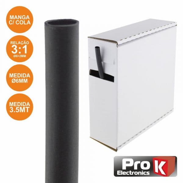 Prok Tubo Manga Termoretráctil com Cola 6.0mm 3.5m Preto Pkmt60bk/3.5g