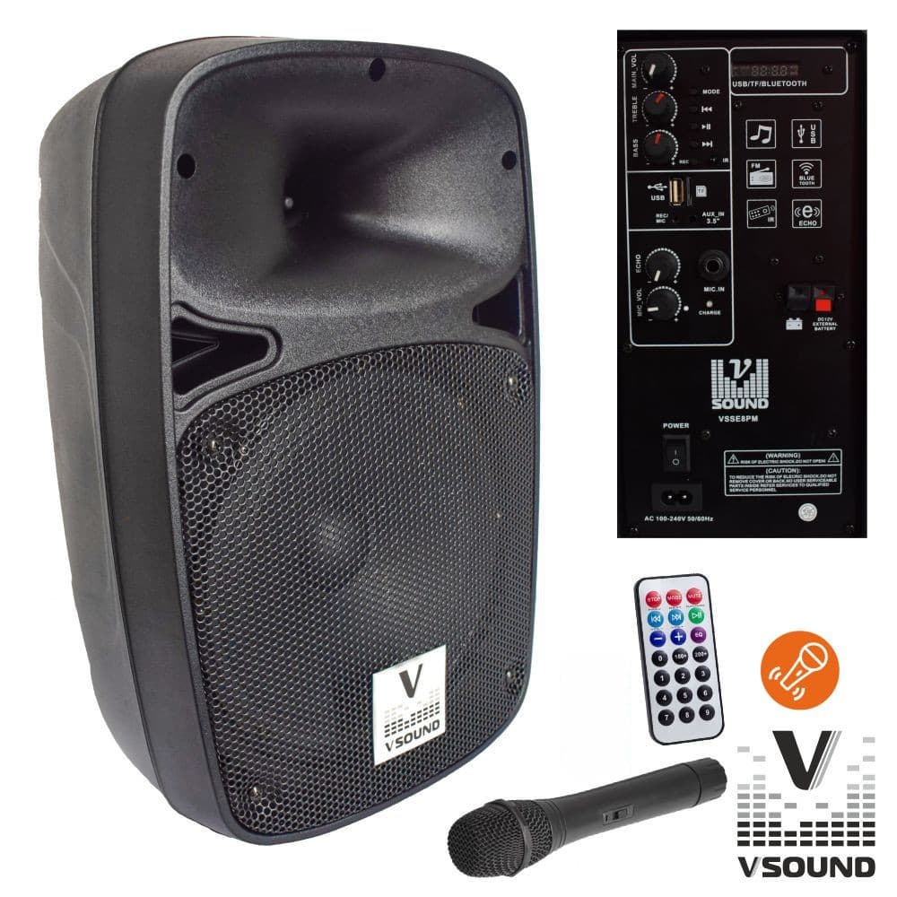 Vsound Coluna Amplificada 8" USB/BT/SD/BAT MIC s/Fios - VSSE8PM