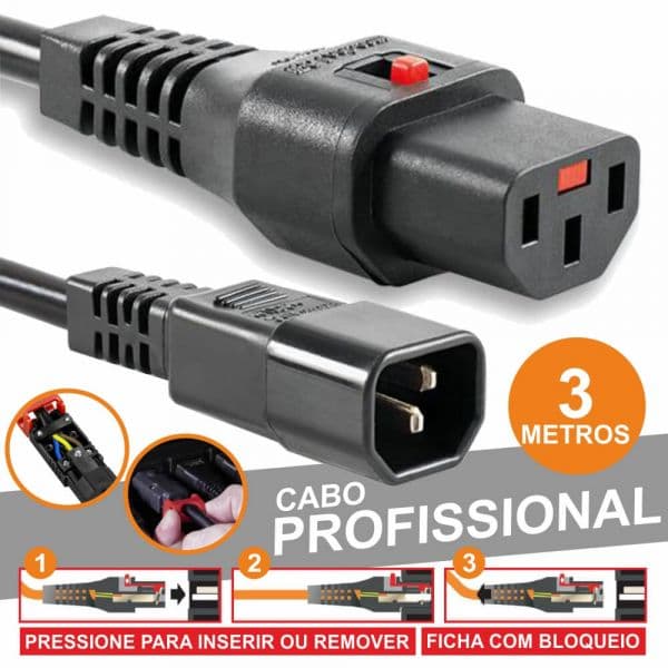 Cabo de Alimentação Iec C13 Fêmea / C14 Macho Prof. 3M