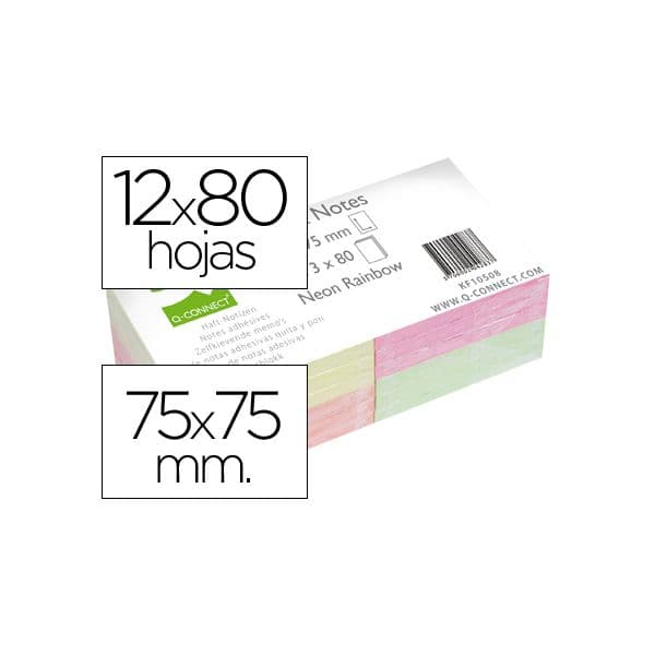 Q-Connect 12 un. Blocos Notas Adesivas 75x75mm 80 Fls Neon Rainbow - KF10508