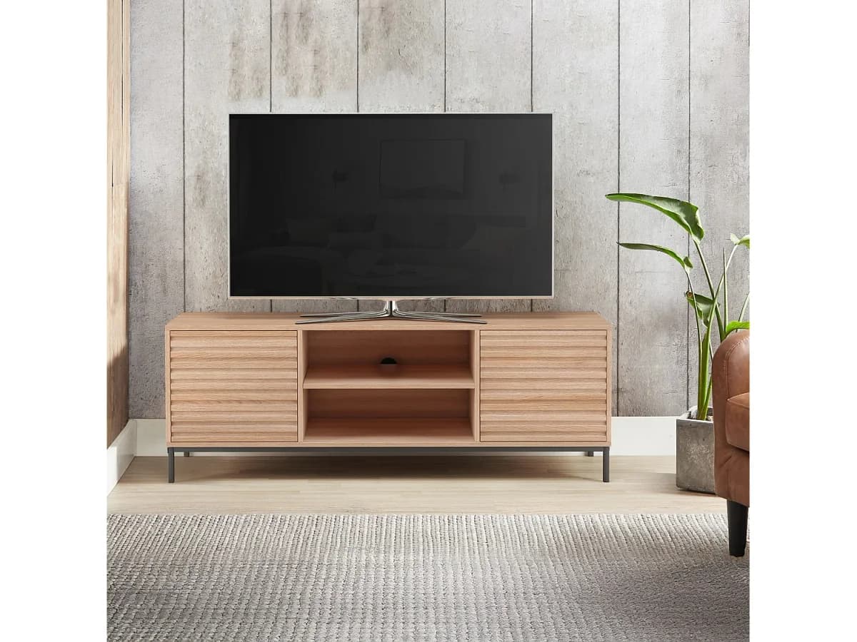 Armário para televisão em vidro e painel de partículas laminadas de carvalho preto