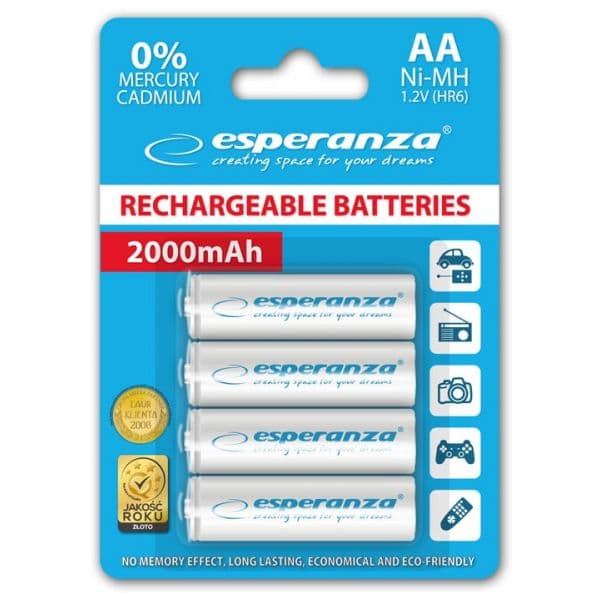 ESPERANZA Pilhas Recarregáveis 1.2V 2000mAh Ni-Mh AA 4 Un.
