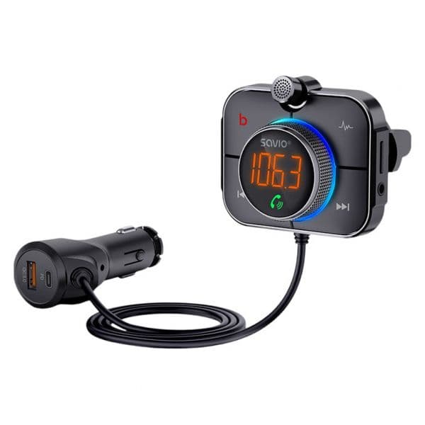 Savio TR-14 Transmissor FM Bluetooth 5.0 Carregador QC/PD 3.0 AUX Out Micro SD Preto