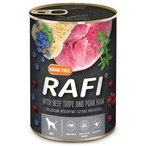 Ração Húmida Rafi Adulto Tripa de Vaca e Fiambre de Porco 400g