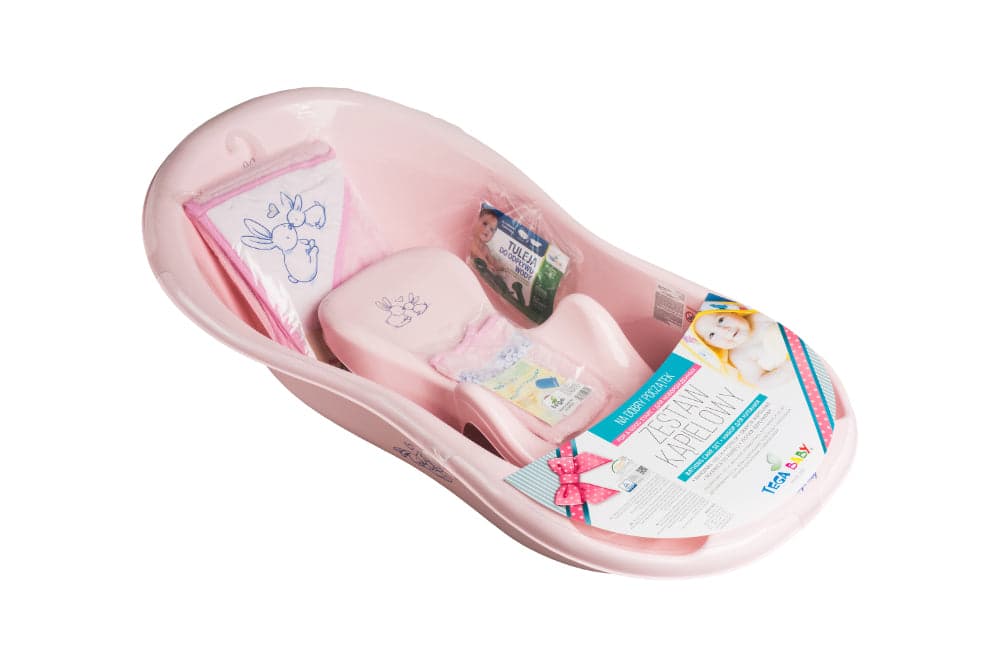 Conjunto de Banheira de 86 cm, com assento, Toalha e luva de banho e tubo de drenagem B.Active Little Bunnies Pink