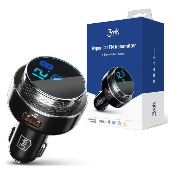 3MK Carregador de Isqueiro HyperCar + Transmissor FM/Bluetooth Preto