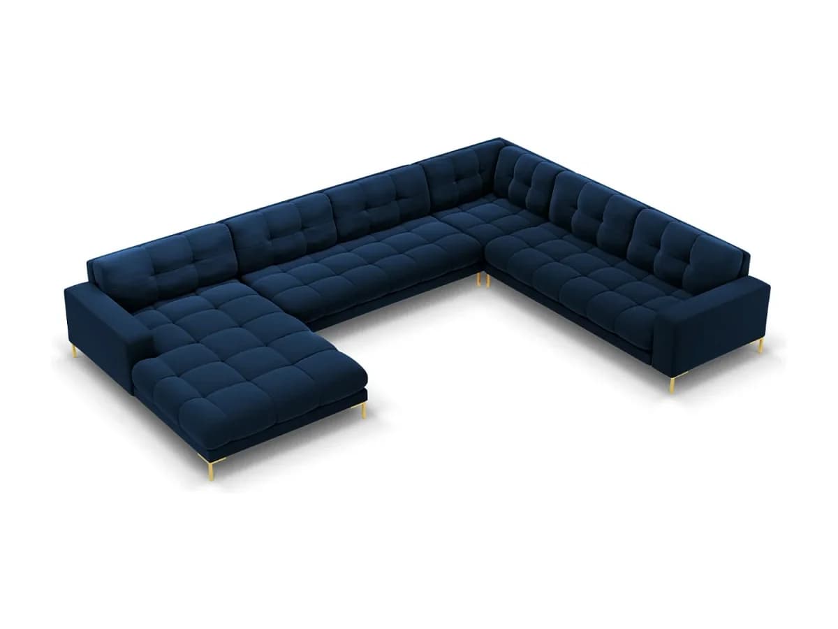 Cosmopolitan Design - Sofá de canto direito panorâmico "Bali" 7 lugares em veludo azul real - 327x256x75cm
