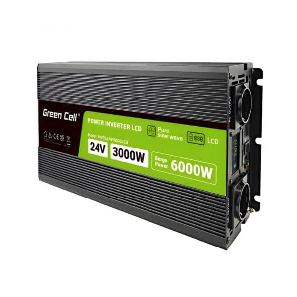 Green Cell Conversor/Inversor de Potência INVGC24P3000LCD Onda Pura 24V-230V 3000W/6000W LCD Preto