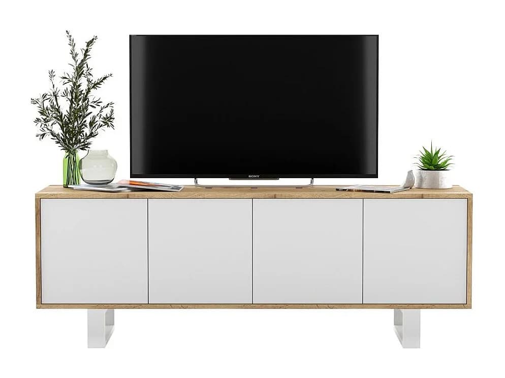 Móvel de TV com 4 portas - corpo carvalho wotan frentes branco mate - 150 cm, pés de metal