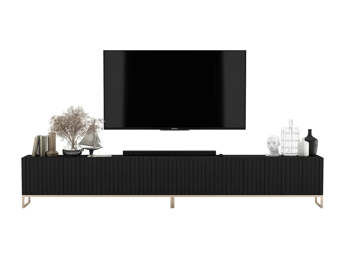 Móvel de TV com 8 portas - Estrutura preto mate, frentes ranhuradas preto mate - 300 cm, estrutura metálica