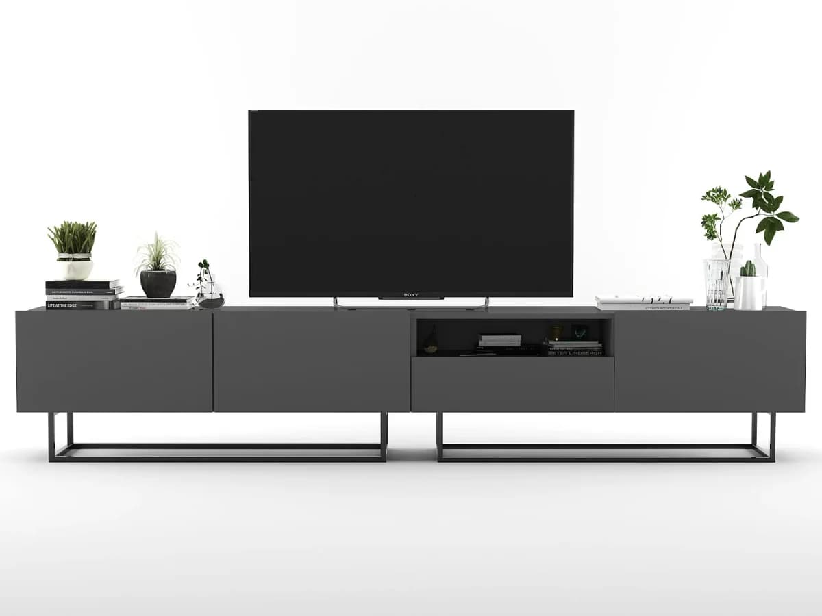 Móvel de TV com 3 portas e nicho, gaveta - corpo Carvalho artesanal fosco, frentes Carvalho artesanal fosco - 240 cm, estrutura em metal preto