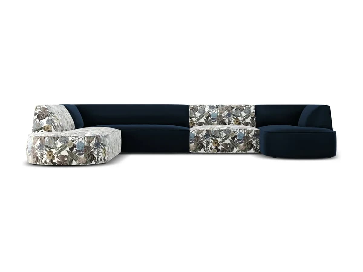 CXL by Christian Lacroix - Sofá de canto panorâmico à esquerda "Charles" 7 lugares em veludo padrão jardim: azul-claro, azul-escuro - 366x273x69cm