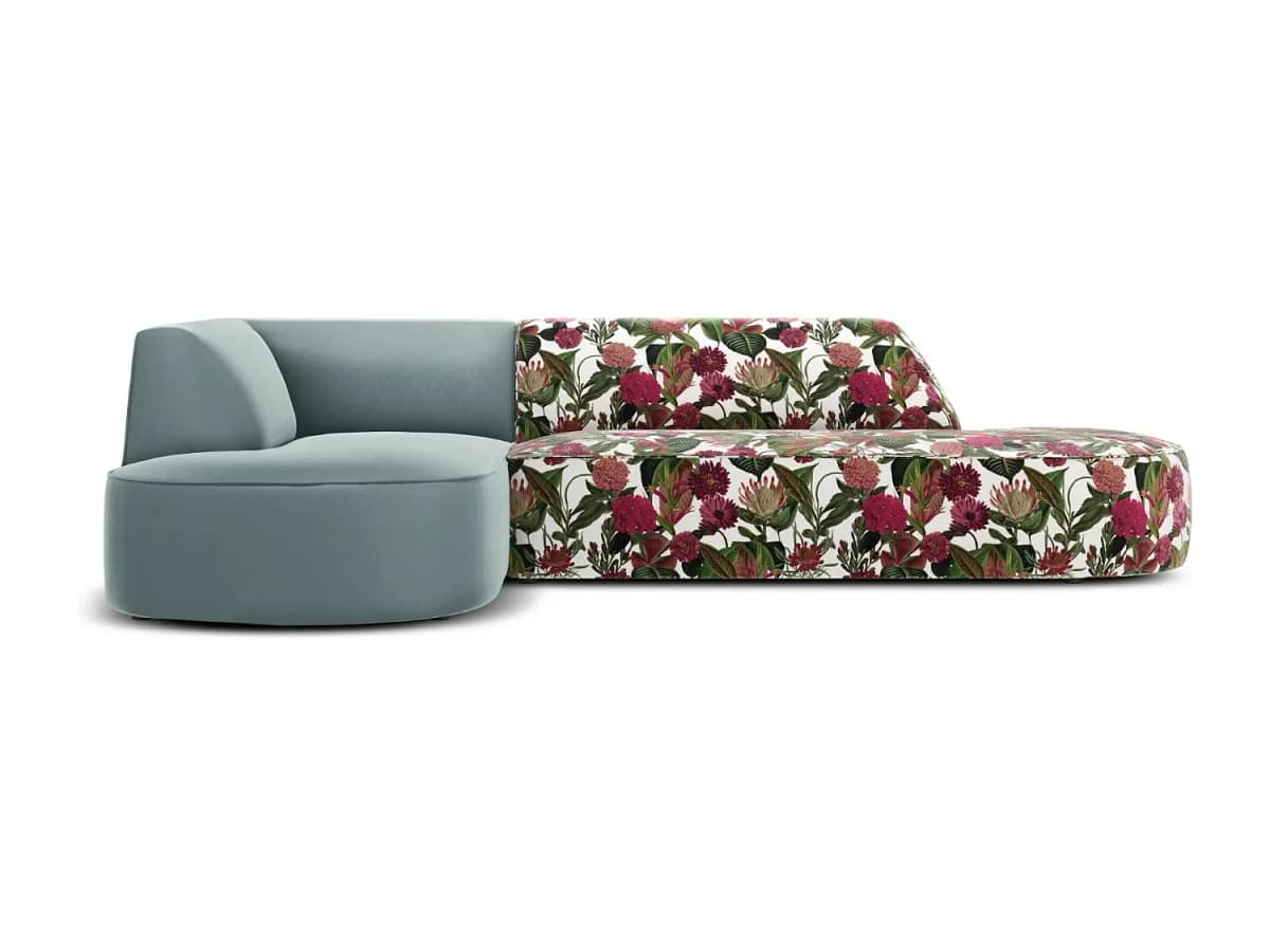 CXL by Christian Lacroix - Sofá de canto esquerdo "Charles" 4 lugares em veludo padrão rosa jardim, menta - 273x180x69cm