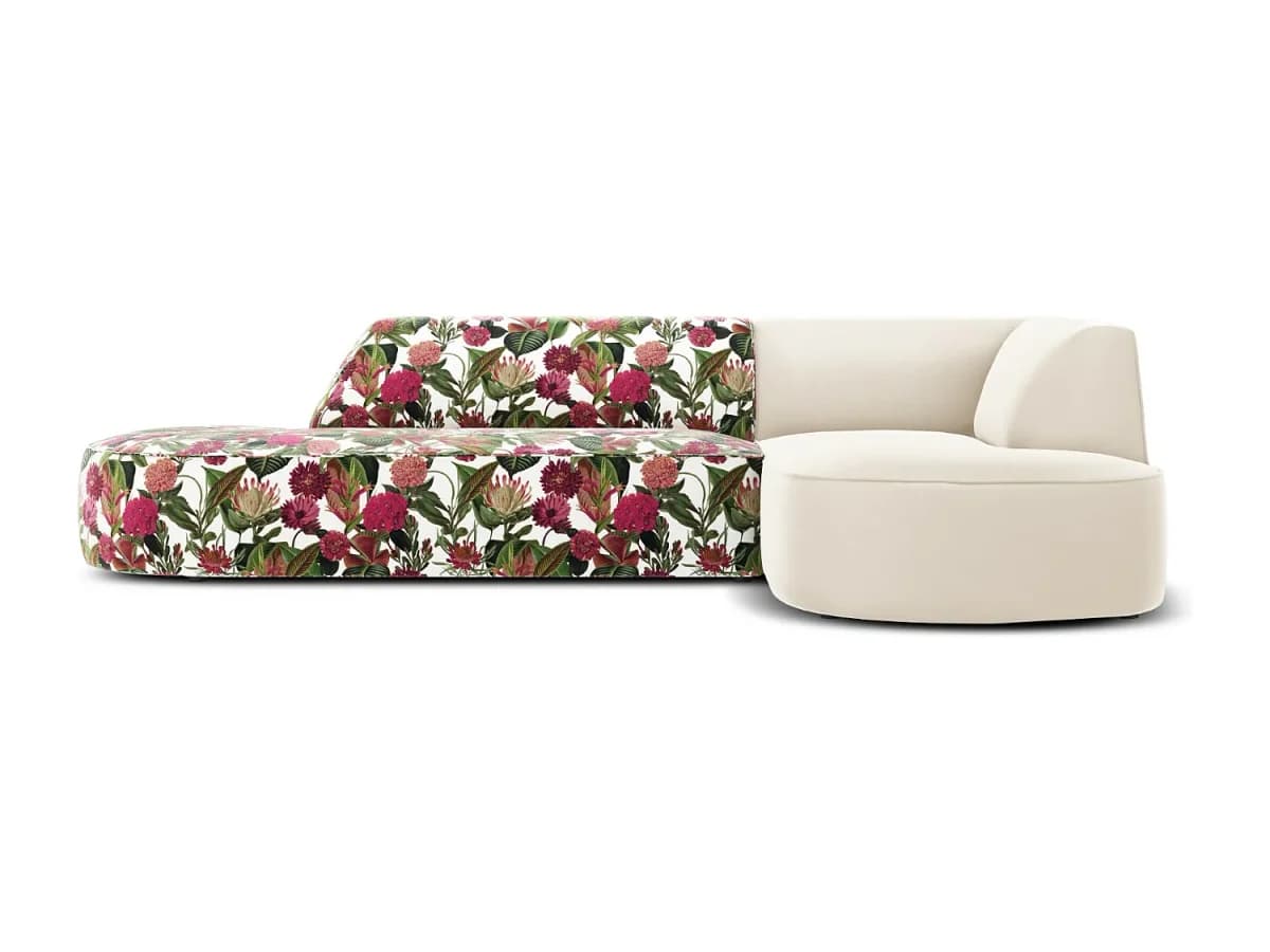 CXL by Christian Lacroix - Sofá de canto direito "Charles" 4 lugares em veludo padrão de rosas de jardim, bege - 273x180x69cm