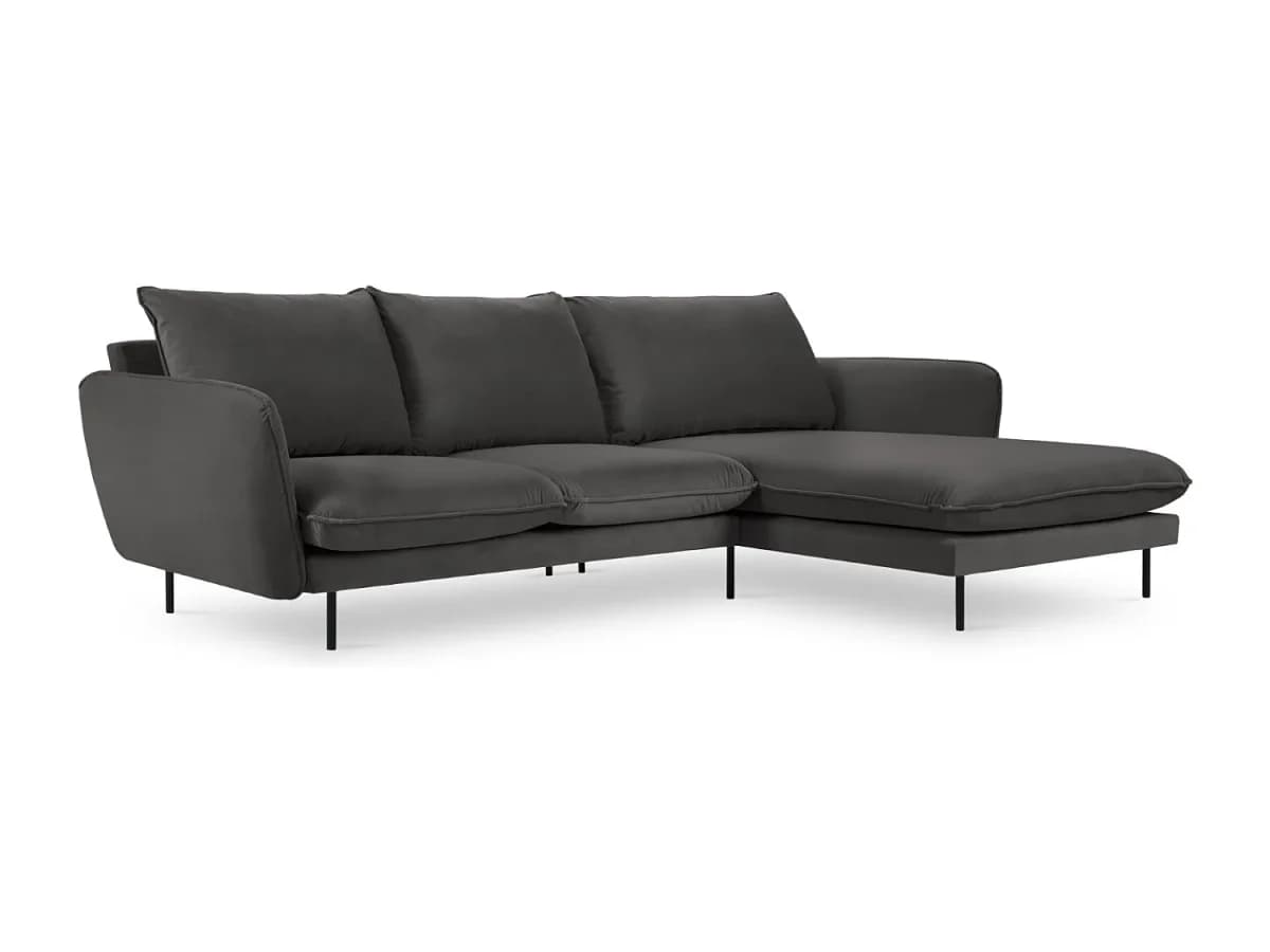 Cosmopolitan Design - Sofá de canto direito "Vienna" 5 lugares em veludo cinza escuro - 255x170x95cm