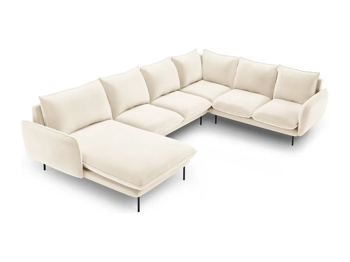 Cosmopolitan Design - Sofá de canto direito panorâmico "Vienna" 7 lugares em veludo bege claro - 330x235x95cm