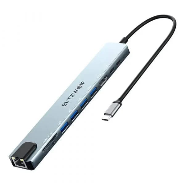 BlitzWolf Docking Station BW-TH5 USB-C 10 em 1 HDMI 4K USB 3.0 USB 2.0 RJ45 SD TF PD 100W Prateado