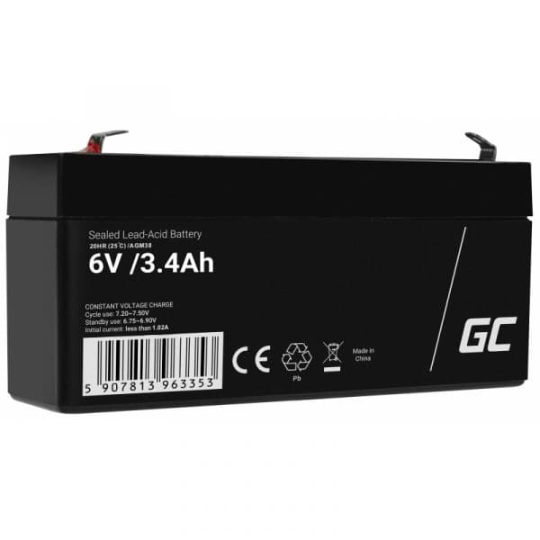 Green Cell Bateria Chumbo Gel AGM38 6V 3.4Ah para sistema de alarme, caixa registadora e brinquedos