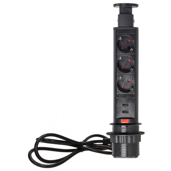 Orno Extensão Tripla + 2x usb Oculta "pop-up" P/ Secretárias, Balcões, Móveis ... (preto) - OR-AE-1349(GS)/B