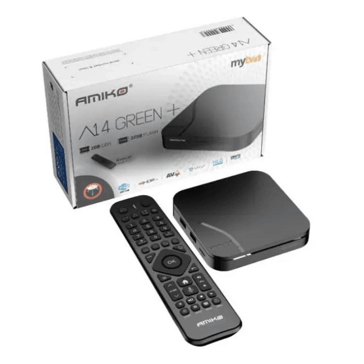 Amiko A14 Green+ 2GB/32GB Android 14 Dual Band IPTV 4K HDR10 AV1 MYTVOnline3