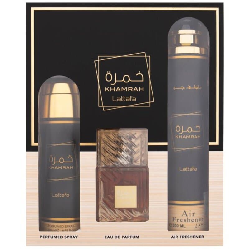 Conjunto Khamrah EDP 100 ml, Desodorizante 200 ml a bytová vůně 300 ml