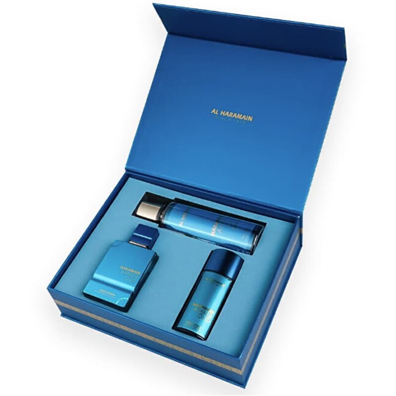 Conjunto Amber Oud Aqua Dubai  Extrait de Parfum 75 ml, Extrait de Parfum 30 ml a tělový závoj 250 ml