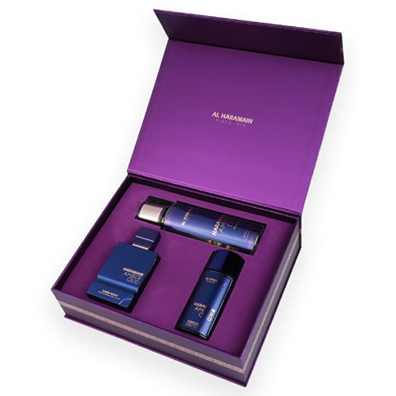 Conjunto Amber Oud Dubai Night Extrait de parfum 75 ml, extrait de parfum 30 ml a tělový závoj 250 ml