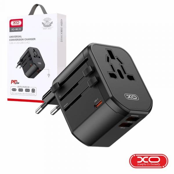 XO Adaptador Viagem Universal PD+QC 20W 2xUSB-A / 1xUSB-C - WL13-BK