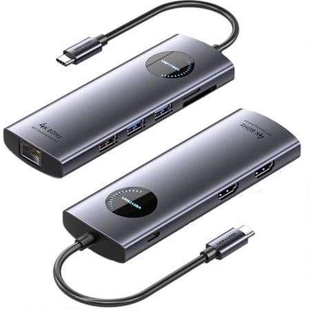 Vention Docking Station TQVHB + USB-C de 9 Portas 2xHDMI 2xUSB3.0 USB2.0 RJ45 SD/TF PD 100W Cinza