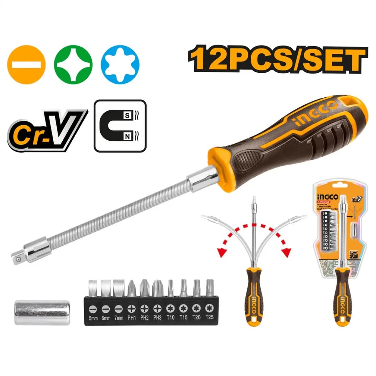 Chave Adaptadora De Bits Flexivel 12 Peças (P) refª AKSDFL1208 INGCO - AKSDFL1208 - Ferramentaspro.pt