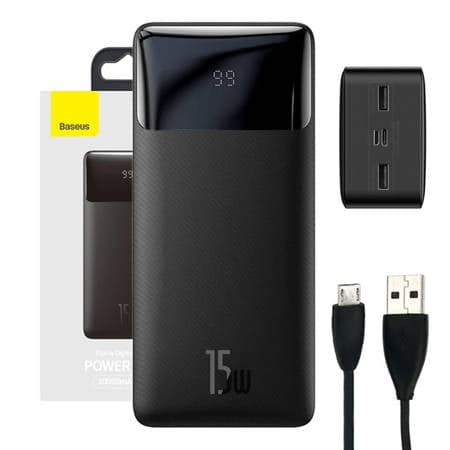 Baseus Bipow powerbank com display de 30000mAh 15W preto (Edição Internacional) + cabo USB-A para Micro USB 0.25m preto (PPBD050201)