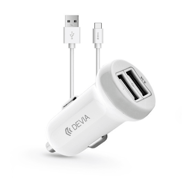 Devia Carregador Isqueiro 2x Usb + Cabo Dados Type-c Branco - 9522