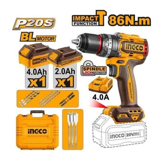 Aparafusadora Impacto 20V brushless 86Nm + 1 Bat 2A + 1 Bat 4A + Carregador + Mala refª CIDLI20868E IngCo - CIDLI20868E - Ferramentaspro.pt