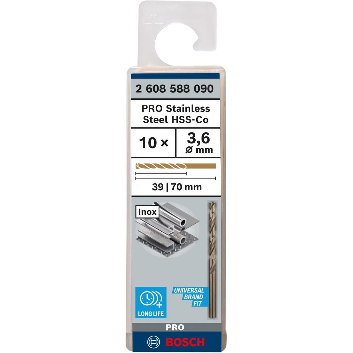 Broca PRO Stainless Steel HSS-Co, 3,6 x 39 x 70 mm, 10 unid. refª 2608588090 BOSCH - 2608588090 - Ferramentaspro.pt