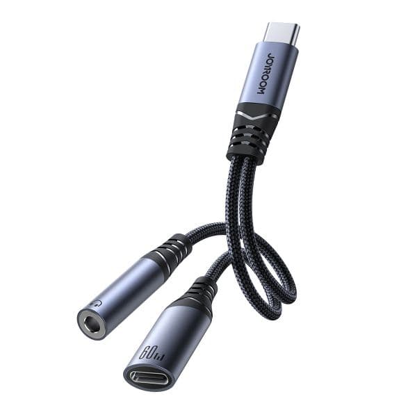 Joyroom SY-C02 Adaptador de Áudio USB-C para USB-C e Jack 3.5mm com Carregamento Rápido PD 60W e DAC Hi-Fi 0.14m