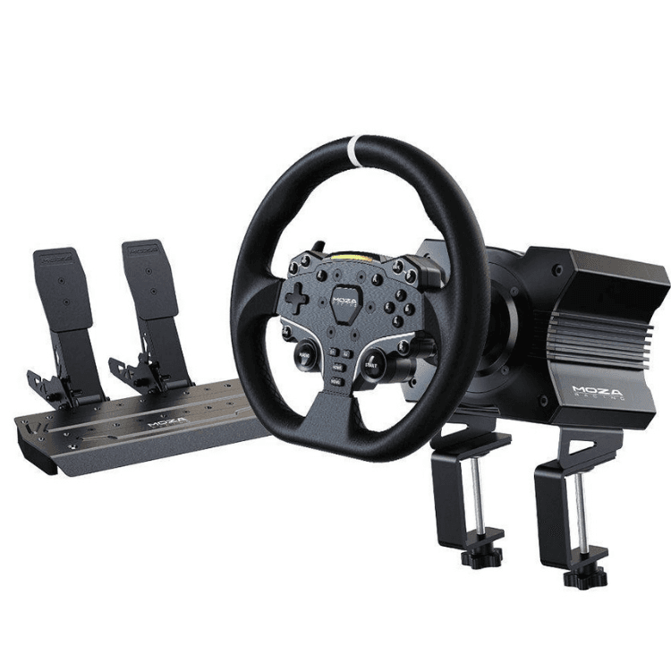 Conjunto MOZA Racing R5 ( Base Volante Direct Drive R5 + Volante ES + Pedais SR-P Lite + Suporte de Mesa R5)