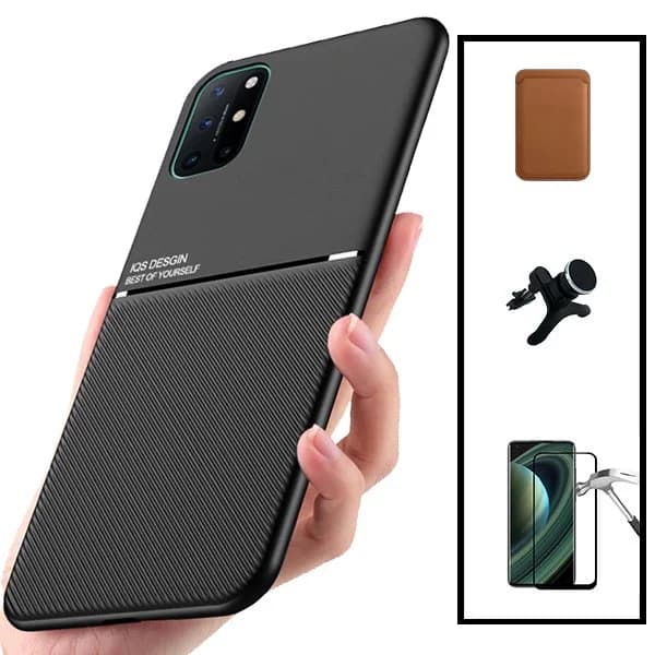 Kit Capa Magnetic Lux + Magnetic Wallet Castanho + 5D Full Cover + Suporte Magnético de Carro Reforçado para OnePlus 8T
