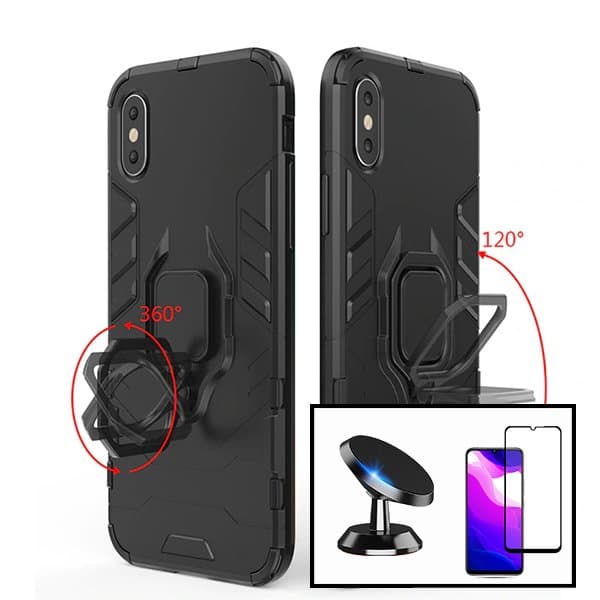 Kit Vidro Premium Full Cover + Capa 3X1 Military Defender + Suporte Magnético de Carro para Xiaomi Redmi 9A Sport