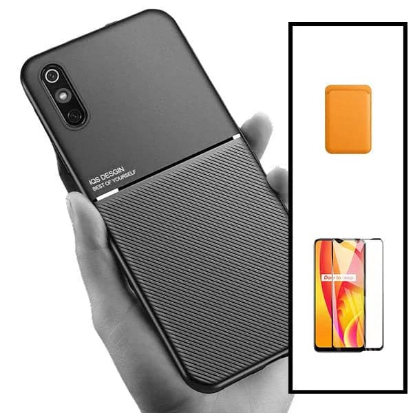 Kit Capa Magnetic Lux + Magnetic Wallet Laranja + 5D Full Cover para Xiaomi Redmi 9A Sport