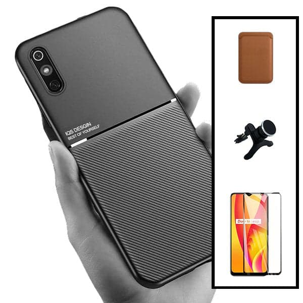 Kit Capa Magnetic Lux + Magnetic Wallet Castanho + 5D Full Cover + Suporte Magnético de Carro Reforçado para Xiaomi Redmi 9A Sport