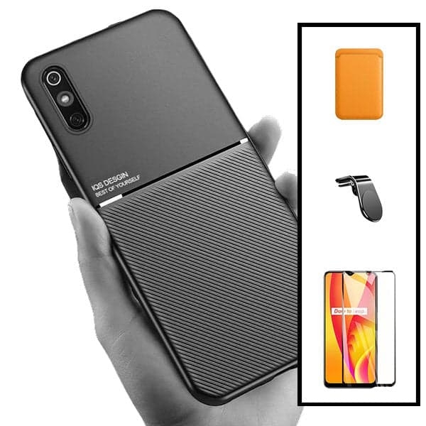 Kit Capa Magnetic Lux + Magnetic Wallet Laranja + 5D Full Cover + Suporte Magnético L Safe Driving para Xiaomi Redmi 9A Sport