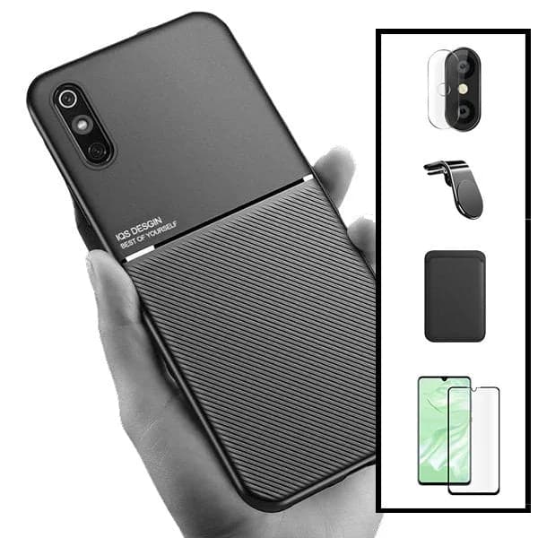 Kit Capa Magnetic Lux + Magnetic Wallet Preto + 5D Full Cover + Película de Câmara Traseira + Suporte Magnético L Safe Driving para Xiaomi Redmi 9A Sport