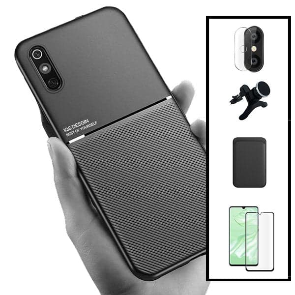 Kit Capa Magnetic Lux + Magnetic Wallet Preto + 5D Full Cover + Película de Câmara Traseira + Suporte Magnético de Carro Reforçado para Xiaomi Redmi 9A Sport