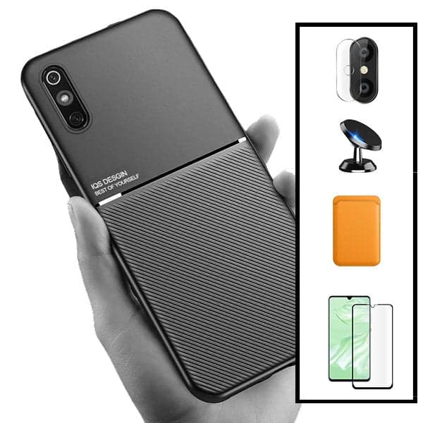 Kit Capa Magnetic Lux + Magnetic Wallet Laranja + 5D Full Cover + Película de Câmara Traseira + Suporte Magnético de Carro para Xiaomi Redmi 9A Sport