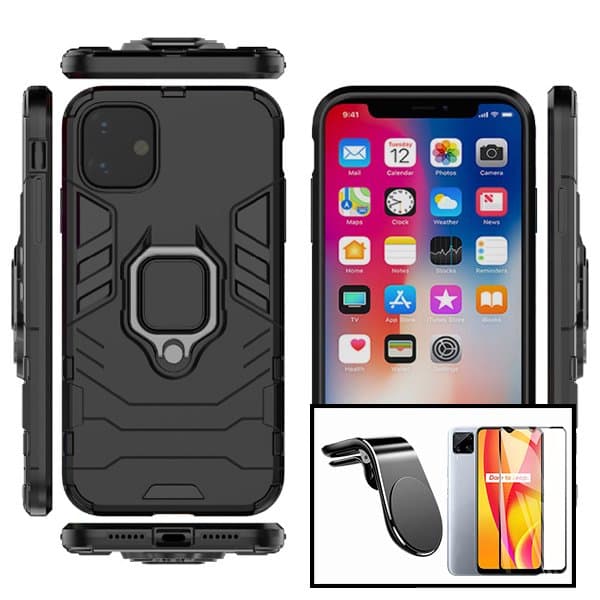 Kit Vidro Premium Full Cover + Capa 3X1 Military Defender + Suporte Magnético L Safe Driving Carro para Xiaomi Redmi 9 Activ
