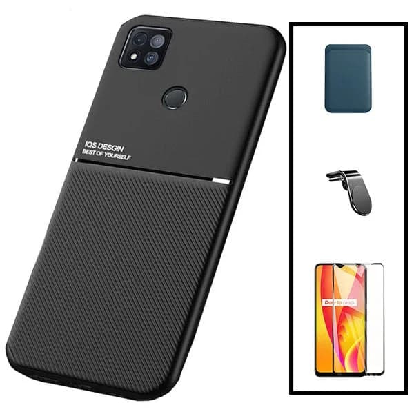 Kit Capa Magnetic Lux + Magnetic Wallet Azul + 5D Full Cover + Suporte Magnético L Safe Driving para Xiaomi Redmi 9 Activ