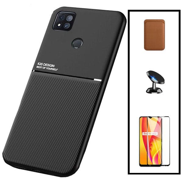 Kit Capa Magnetic Lux + Magnetic Wallet Castanho + 5D Full Cover + Suporte Magnético de Carro para Xiaomi Redmi 9 Activ