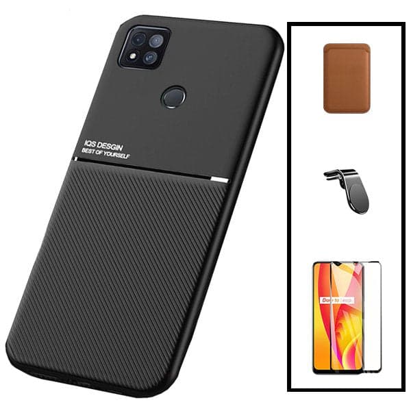 Kit Capa Magnetic Lux + Magnetic Wallet Castanho + 5D Full Cover + Suporte Magnético L Safe Driving para Xiaomi Redmi 9 Activ