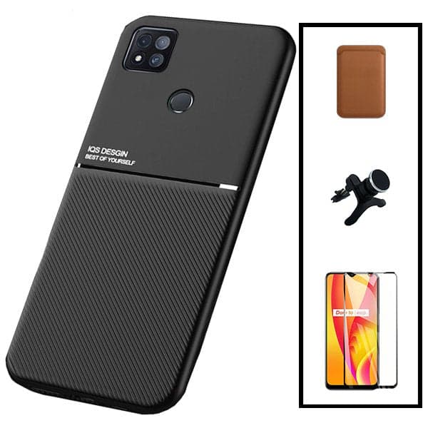 Kit Capa Magnetic Lux + Magnetic Wallet Castanho + 5D Full Cover + Suporte Magnético de Carro Reforçado para Xiaomi Redmi 9 Activ